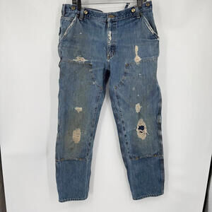 Men's Carhartt Heavily Distressed Double Knee Relaxed Fit Blue Jeans 38x34